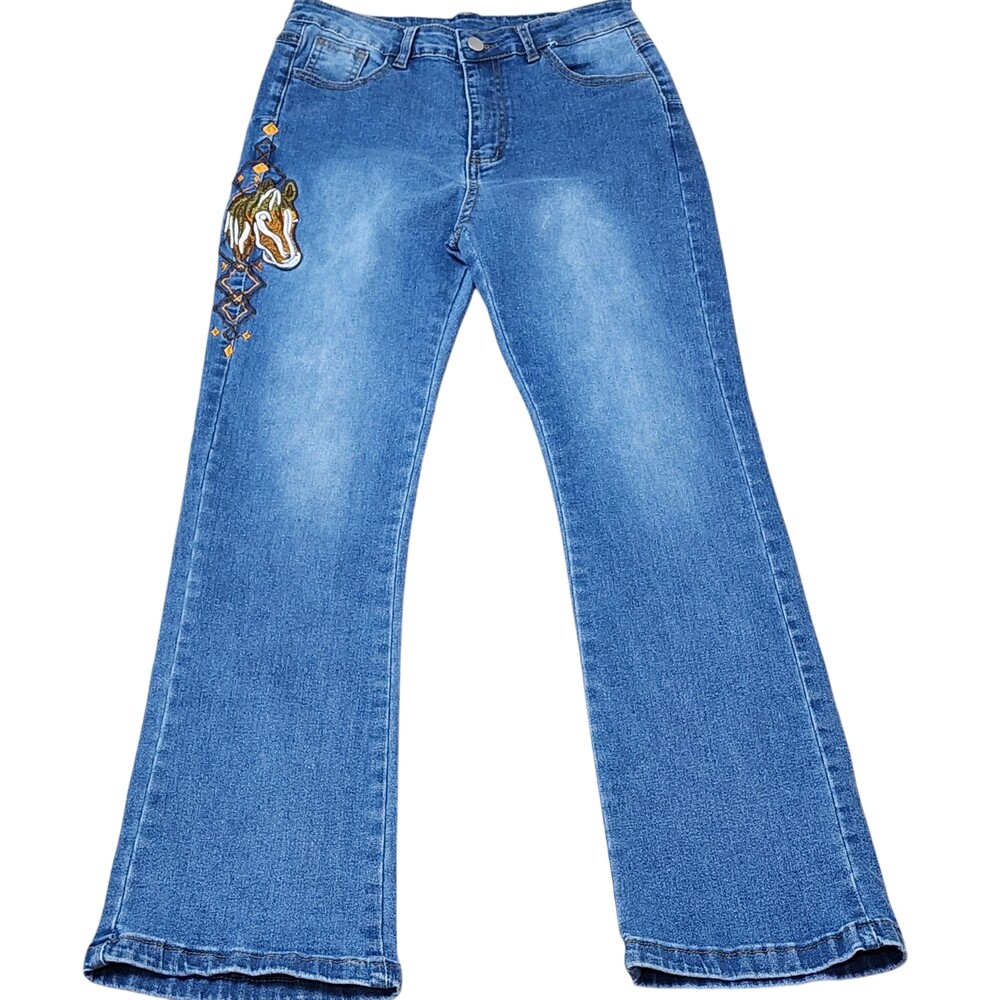 Jeans Womens Medium Blue High Rise Straight Horse Embroidered Stretch Denim